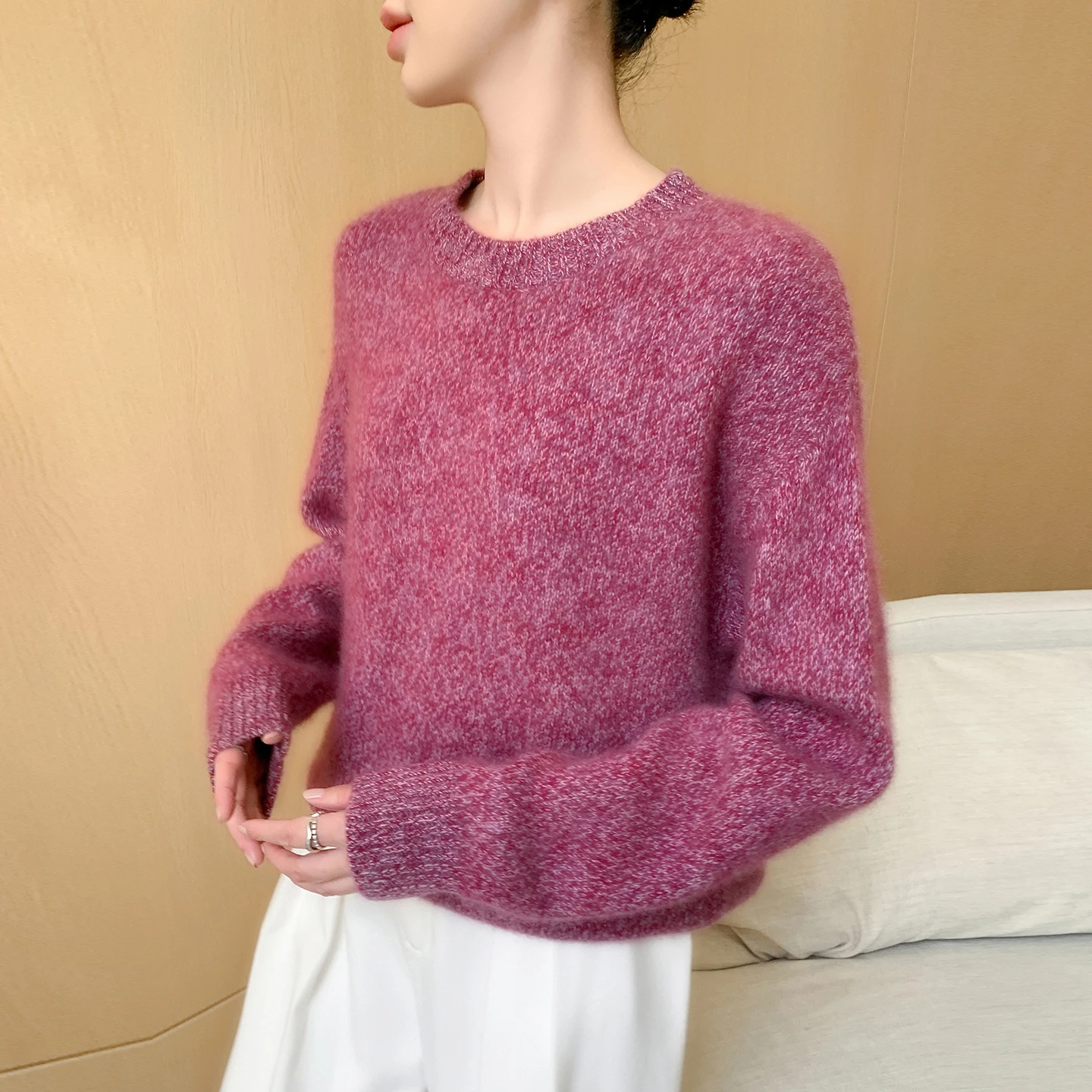 

100% Wool Winter Thick Woolen Knitted Long Sleeve Crew Neck Three-strand Flower Pattern Cashmere Base Shirt Women's Warm Tops