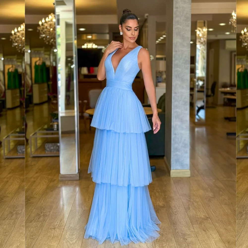 

Customized Sexy Fashion Tulle Pleat Ruched Tiered A-line V-neck Long Dresses Bespoke Occasion Dresses Sizes Available Casual