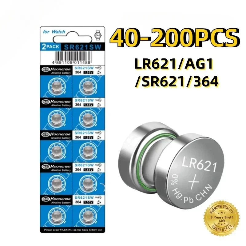 

40-200Pcs AG1 LR621 364 Watch Battery 1.55V 364 SR621SW LR621 621 LR60 CX60 Alkaline Button Cell Batteries for Watch Toys Remote