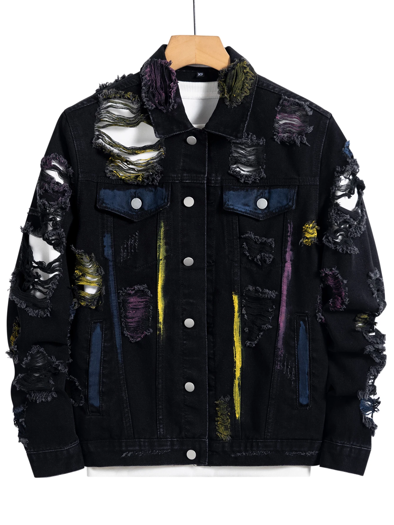 

GELITAYIN Men's Black Ripped Denim Jacket For Spring And Autumn. Random Paint Splashing.
