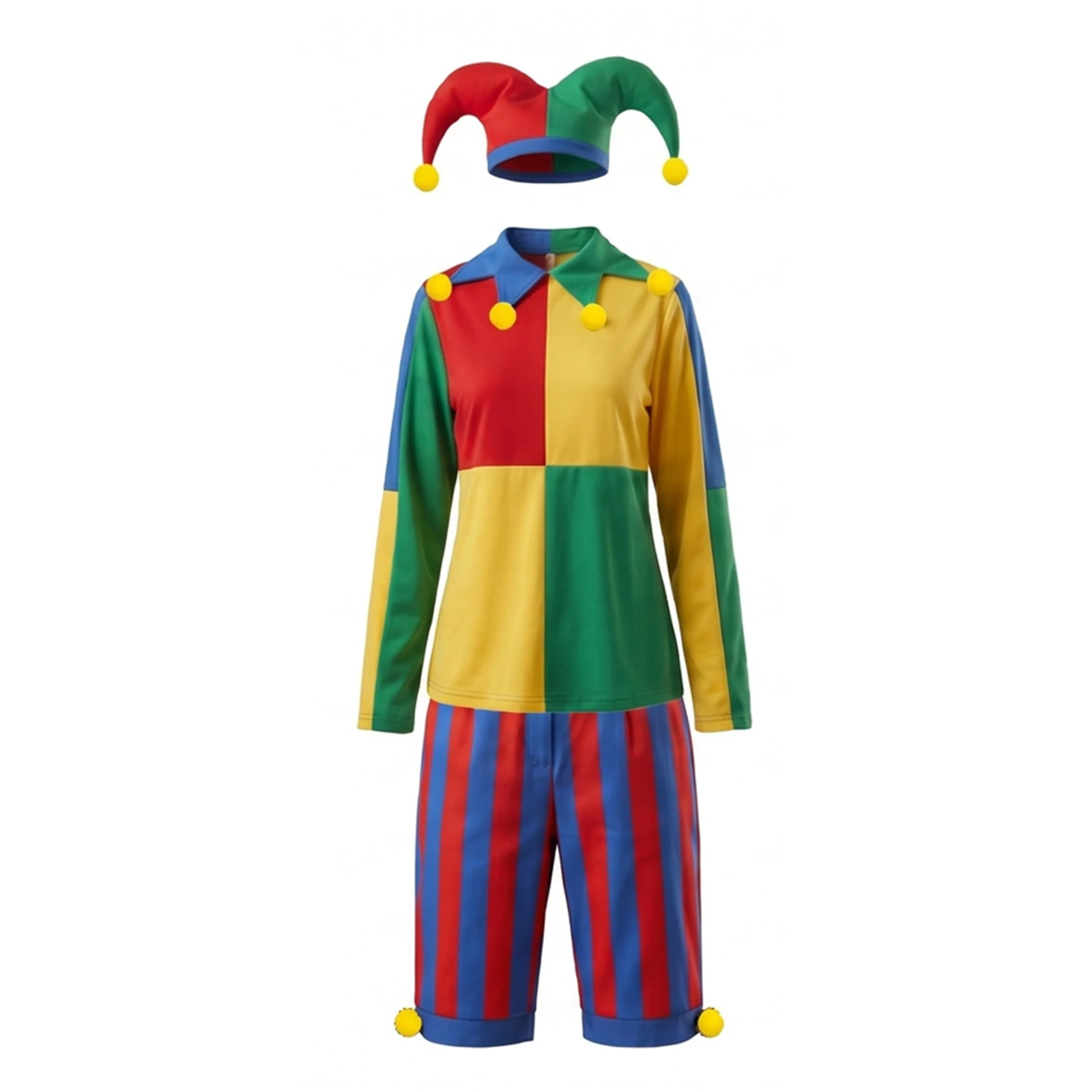 Clown Costume Halloween Evil Jester Twisted Circus Fancy Dress Long Sleeve Top with Stripe Shorts Clown Hat Stage Performance view 3