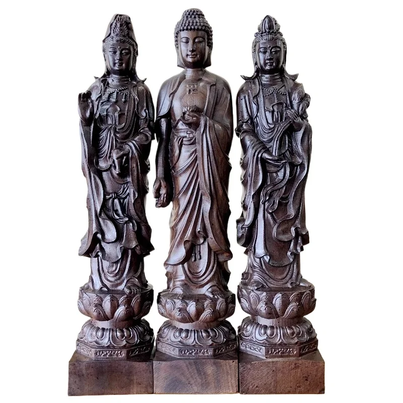 Hand Carved Dark Wooden Western Three Saints Set (3pcs) Statue - Amitabha Guanyin Mahasthamaprapta Figurine Home Temple Altar