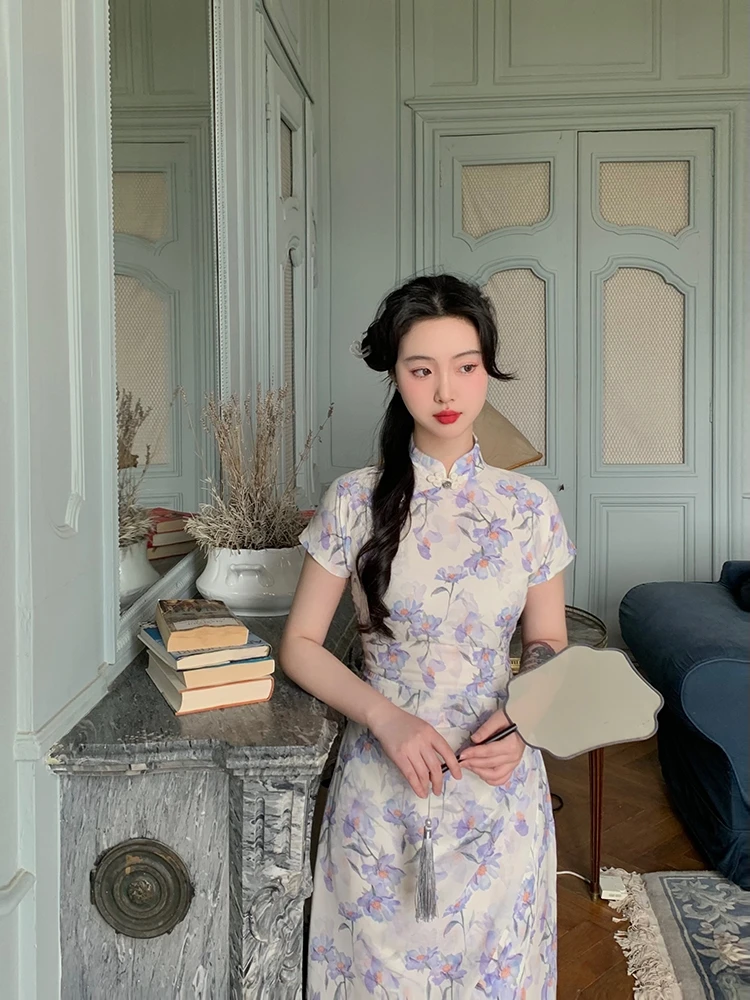 

Lu Jin Purple Floral Print Young Sle Gentle Girl Dr Spring Summer Casual Wear Polyester Fabric ort Sve