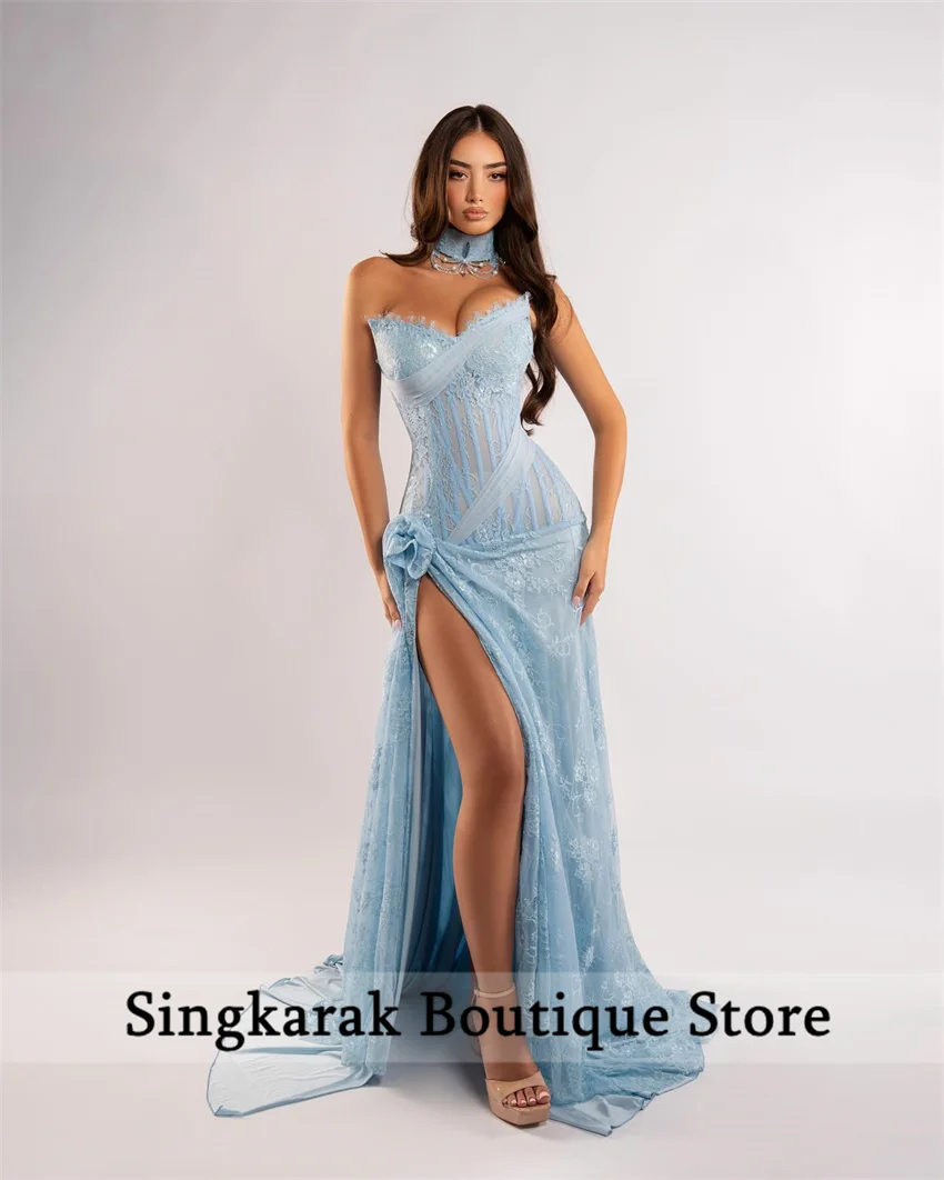 

Customized Sky Blue Lace Sweetheart Neck Prom Dress Mermaid Sleeveless vestidos de noiva Corset Side High Split Formal Evening