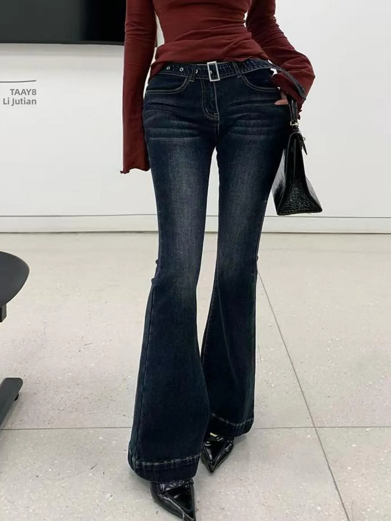 

Korean Style Low Waist Slimming Fleece Lined Fashionable Bell Bottom Long Pants Women's Spring Autumn Cotton Stretch Denim