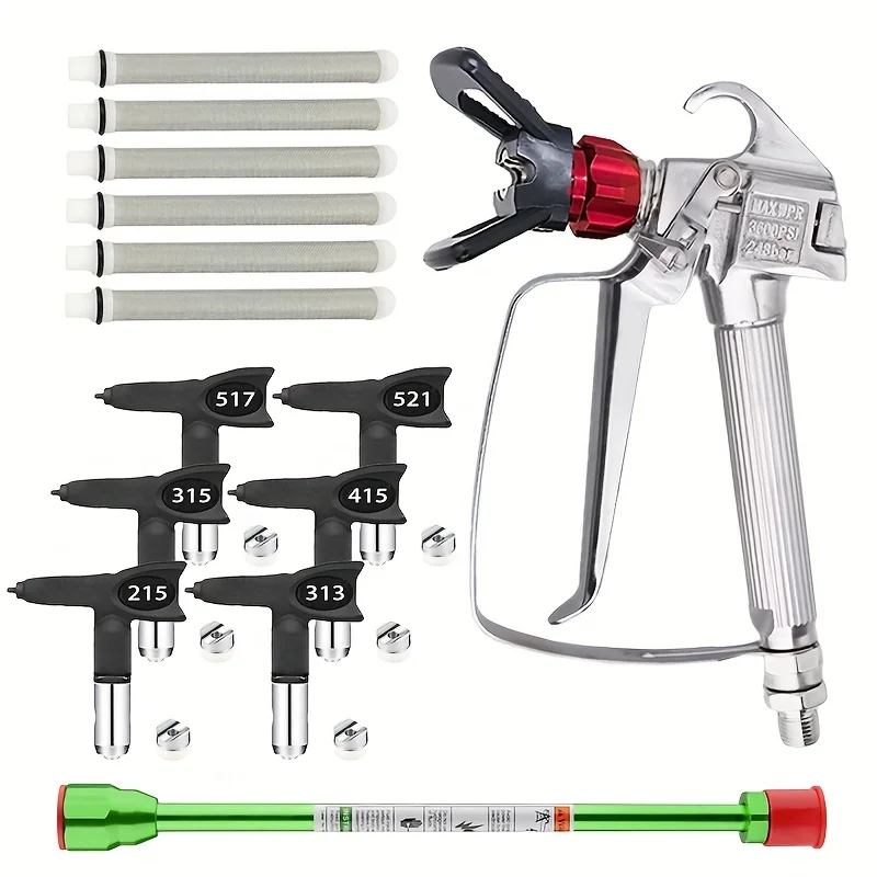 

Набор для безвоздушного распыления (15 предметов) – включает безвоздушный распылитель с соплодержателем, 6 насадок, 1 удлинительную трубку (7,87 дюйма), 6 фильтров – Профессиональный