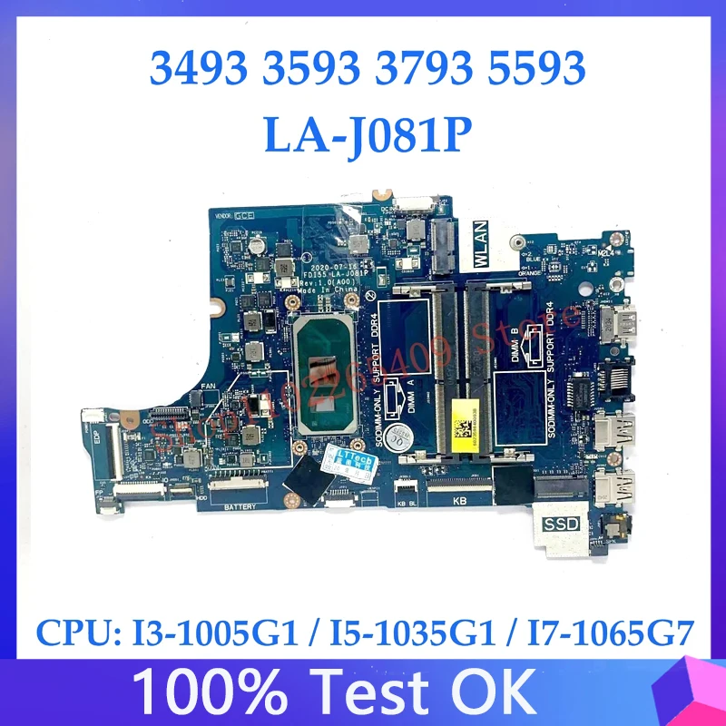 052X6W 0790WT 07TKJ3 01J5TX 01VFDK 047MF0 0G8NCD Mainboard For DELL 3493 3593 3793 5593 LA-J081P Wth I3/I5/I7 CPU 100% Tested OK