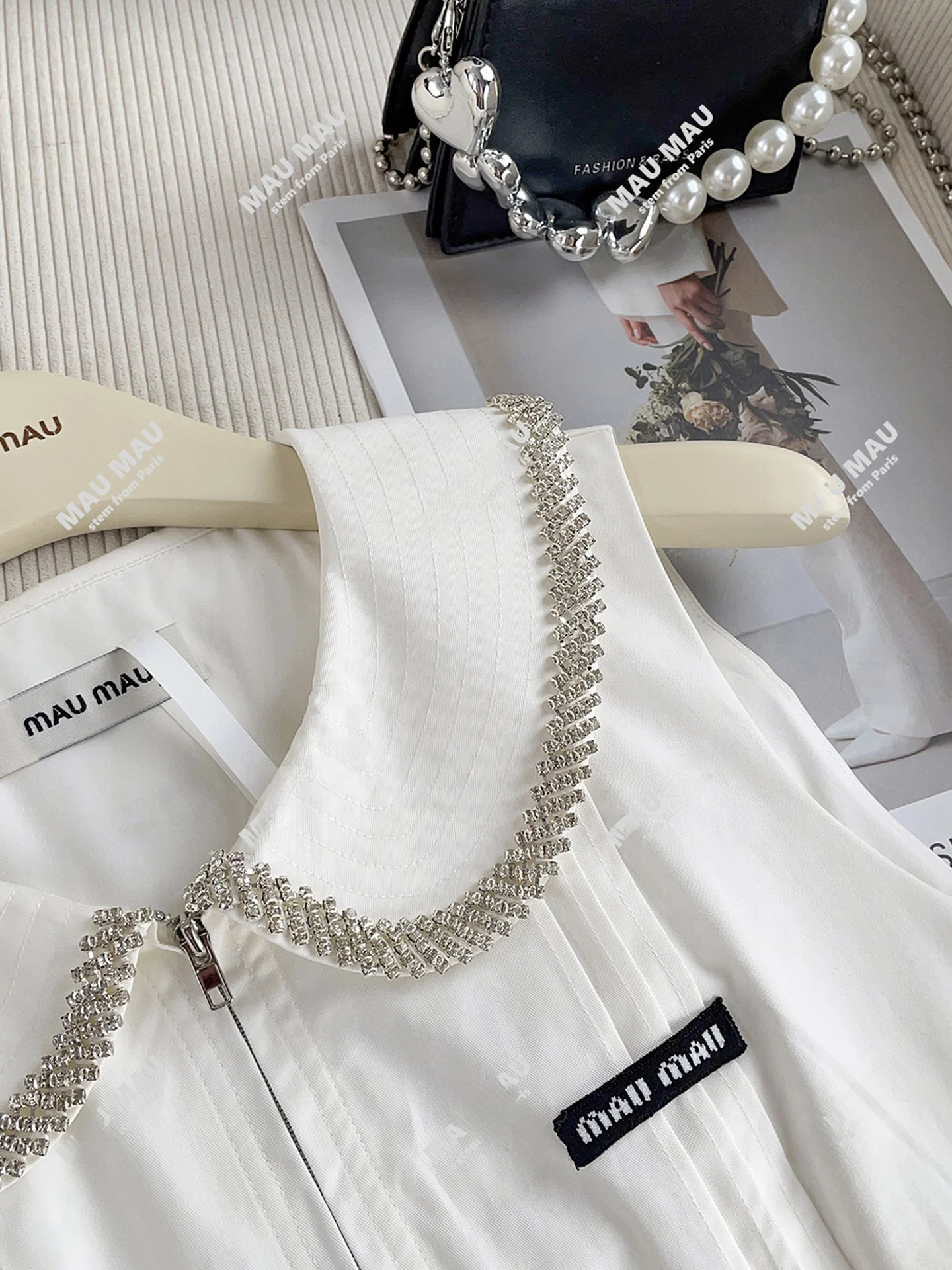 

High-End Summer 2025 Women's College Sle Diamond Embellied Doll Collar Patchwork Vest Dr mid Waist A-Line Skirt