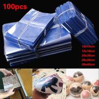 100pcs PVC Waterproof Heat Shrink Film Bag Blower Heat Seal Flat Mouth Wrap Sealbag Blue Transparent Plastic Food Storage Bag