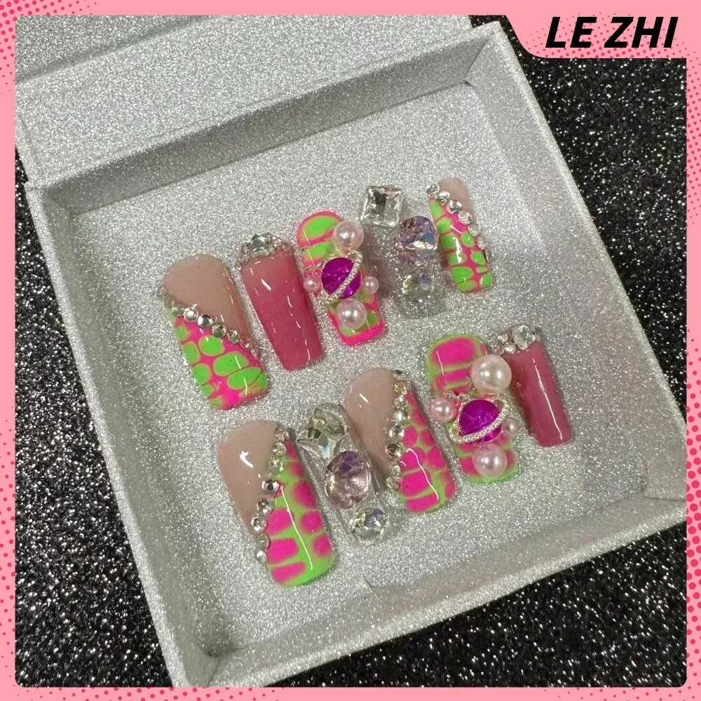 French Star Flower Simple Long Coffin Quadrate Fake Nails Art Handmade Y2K Hottie Reuses Press On Nail Party Stickers