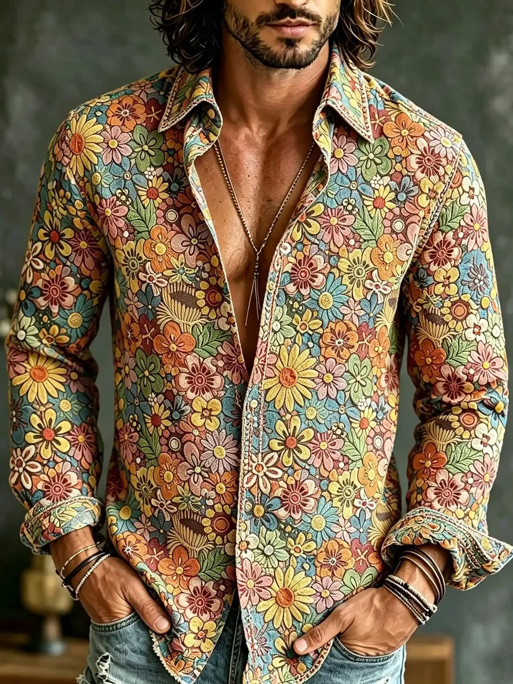 Men's Shirts Long Sleeves Hippie Hip Hop Button Flower Retro Printed Long Sleeve Shirt New Men's Casual Blouse Unisex Tops