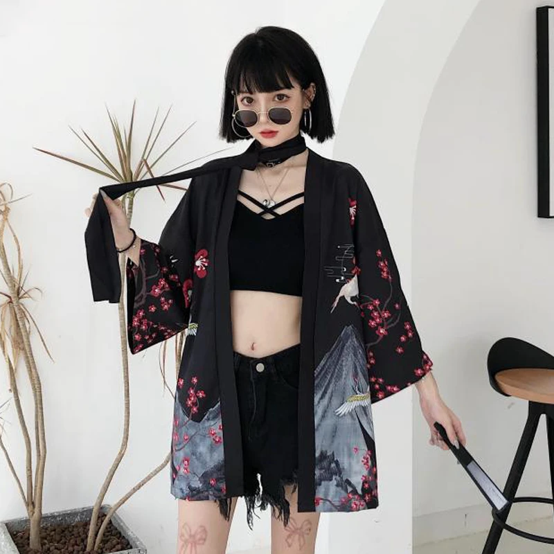 Street Sun-Protective Clothing Kimono Cardigan Crane Print Seven-Sleeve Jacket Stage Performance Clothing Outwear Couple Top