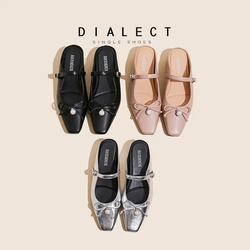 

Women Baotou Slippers with Bow Decoration Flat Shoes Buckle Design Comfortable Half Slippers Outdoor Fashion Women Shoes