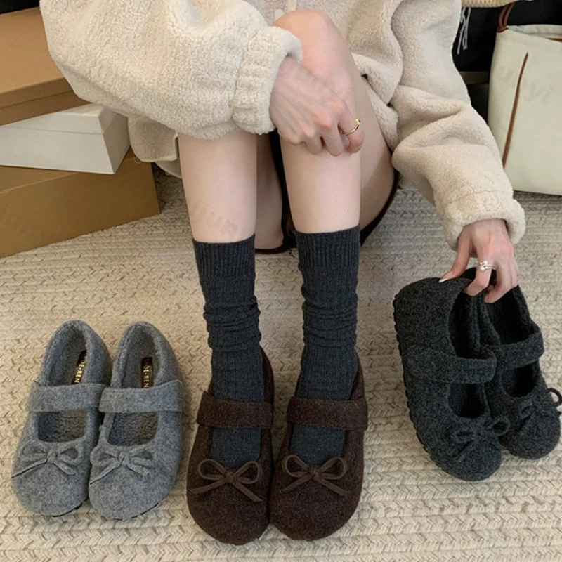 

Women's Cotton Shoes 2025 Winter New Plush Thicken Warm Mary Jane Shoes Fashion Bow Knot Lightweight Comfortable Casual Flats