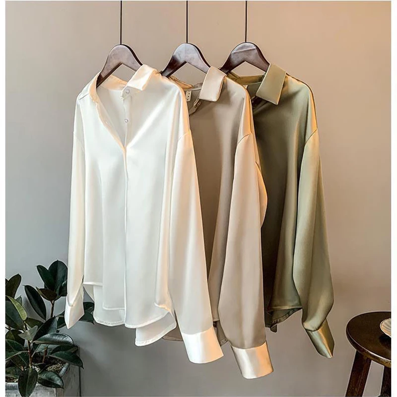 2022 Silk Korean Office Ladies Elegant Shirt Blouse Women Fashion Button Up Satin Shirt Vintage White Long Sleeve Shirts Tops