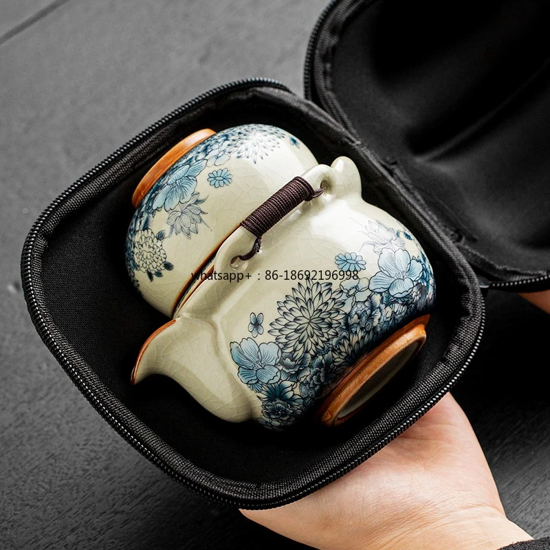 Ru Kiln One Pot Three Cups Outdoor Camping Travel Tea Set Portable Bag Teapot Teacup