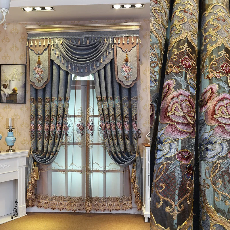 

Custom European noble chenille embroidered blue cloth curtain tulle valance C966
