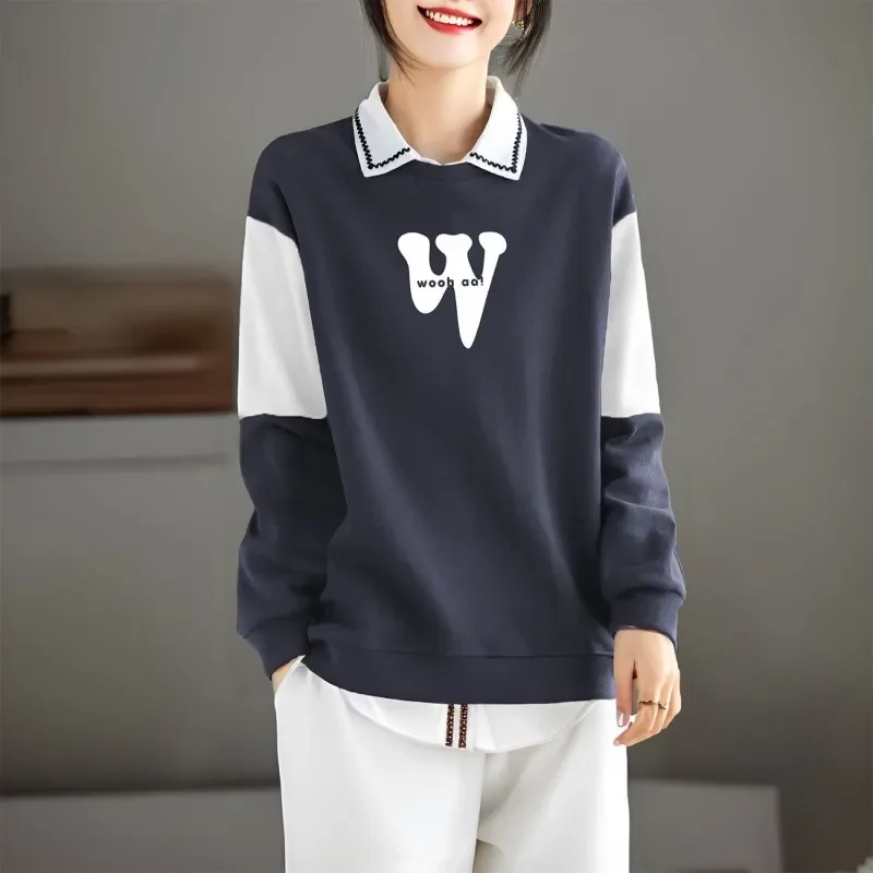 Women's Temperament Splicing Top Retro Loose Pullover Pure Cotton Fashion Autumn Winter Contrasting Color Sweatshirt #4