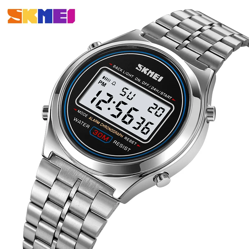 SKMEI Luxury Stainless Steel Back Light Display Stopwatch Digital Sport Watches Men Waterproof Date Alarm Wriswatch reloj hombre