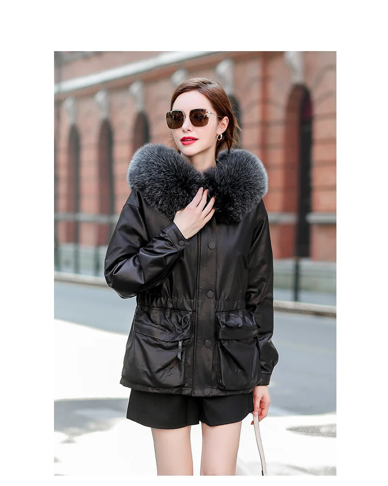 2023 Real Leather Jacket Women Sheepskin Coat Female Winter Down Jackets Hooded Parkas Woman Fox Fur Collar Veste Femme