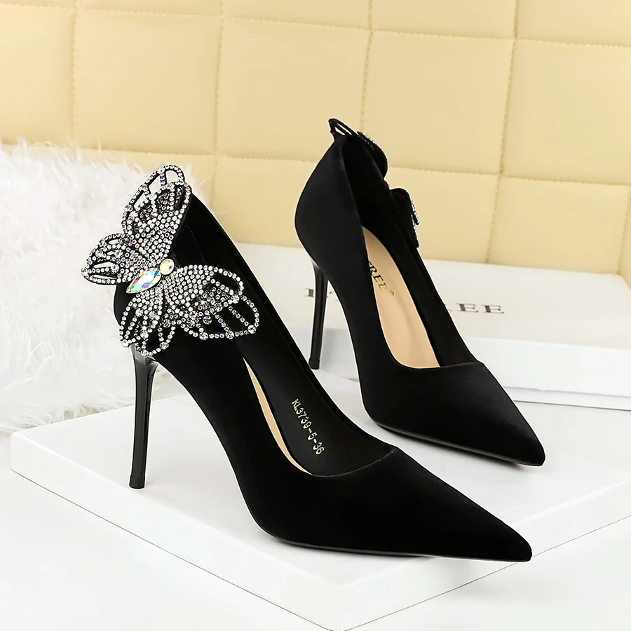 

BIGTREE/женские туфли-лодочки на высоком каблуке со стразами и боковым узлом для выпускного вечера, свадьбы, бархатные модные женские туфли на высоком каблуке на шпильке 9,5 см, черные