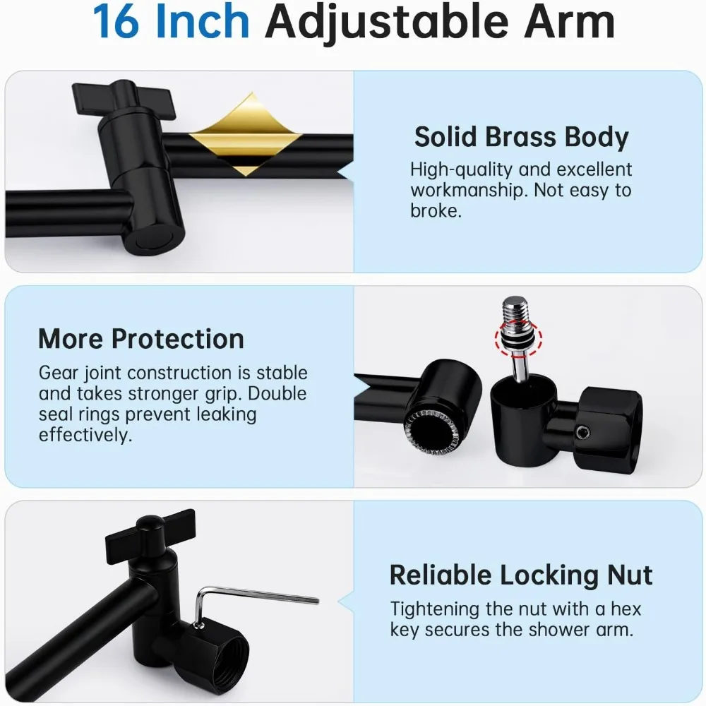 Cabeça de chuveiro de chuva G-Promise totalmente metálica de 14 polegadas com braço de extensão ajustável de 16 polegadas |   Chuveiro de chuva de alta pressão |   Luxo