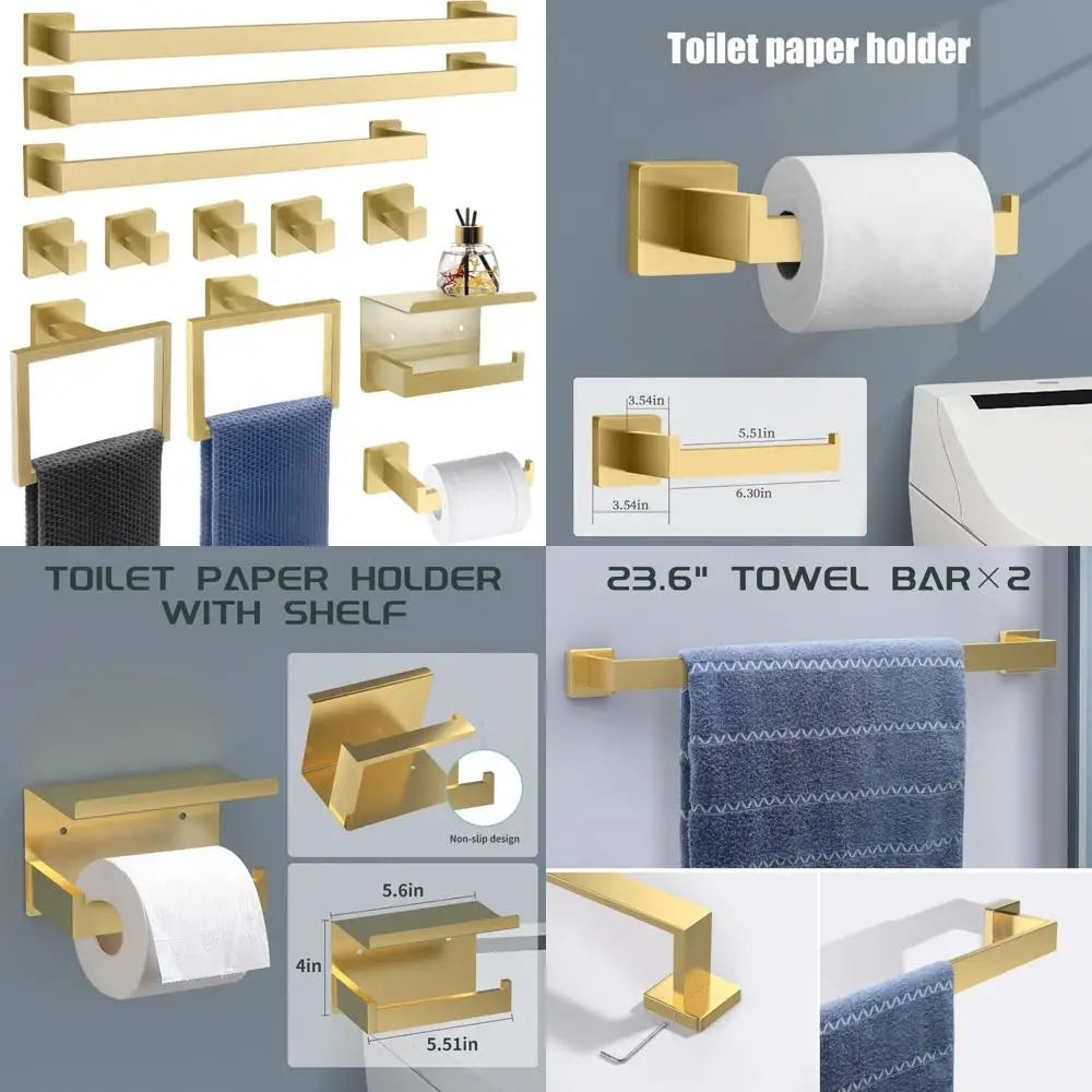 

Brushed Gold Bathroom Hardware Set - 12 Piece Square Accessory Collection with Towel Bars and Toilet Paper Holders