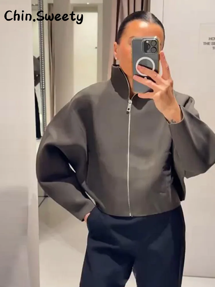 

Повседневные женские вязаные укороченные куртки с воротником-стойкой, свободные пальто на молнии с длинными рукавами, осень-зима 202, женская шикарная верхняя одежда для поездок на работу