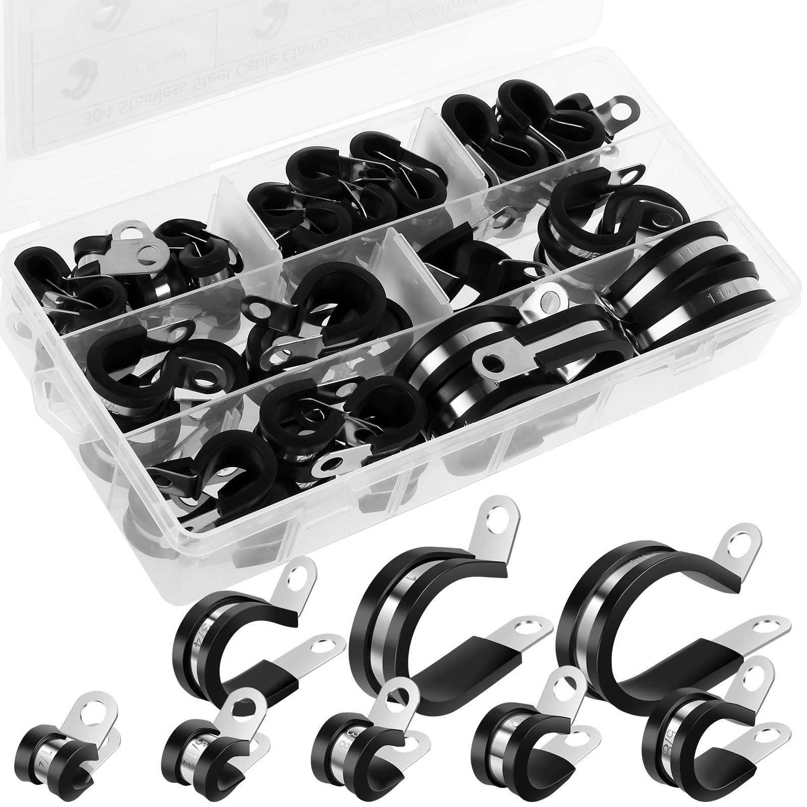 

60Pcs Cable Clamp Assortment Kit 304 Stainless Steel Wire Clamp Rubber Coated Insulated Pipe Clamp R-Type Hose Clamp 8 Sizes