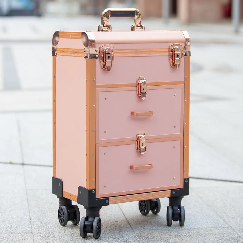 Valise de maquillage professionnelle en alliage d'aluminium, valise à cosmétiques, valise à bombes pour manucure à ongles, chariot multicouche, bagages cosmétiques