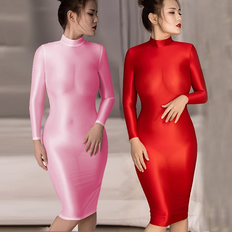 Summer Sexy Dress Women Bodycon Dress Glossy Sheer See Through Shiny Silk Smooth Tight Long Sleeves White Dress Red Plus Size