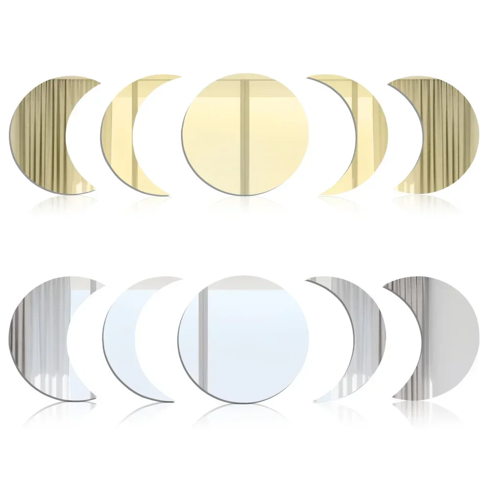Acrylic Moon Phase Mirror Wall Decoration Mural 5 PCS 5Pcs Full-face Adhesive Set Of 5 Five Pieces Gold Interior Design