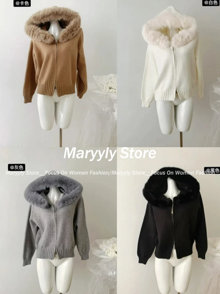 Winter Long Sleeve Full Zip Cardigan Sweater Women Elegant Hooded Fur Collar Hoodies 2000s Aesthetic Solid Korean Fashion Coat