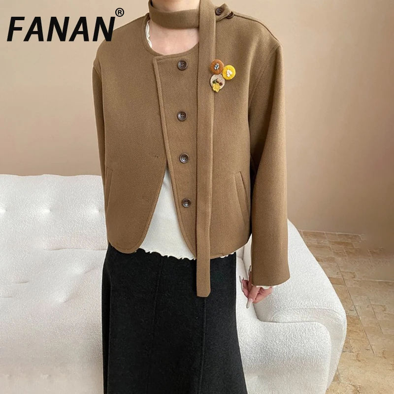 

FANAN Elegant Woolen Jackets For Women Round Neck Single Breasted Office Lady Minimalism Female Coats Fashion Tops Winter New