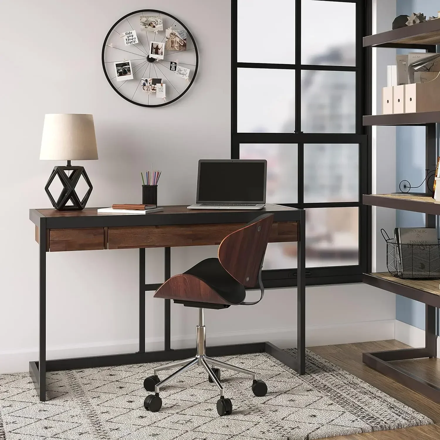 Erina SOLID ACACIA WOOD Modern Industrial 48 Inch Wide Small Desk in Distressed Charcoal Brown,For the Office Desk,Writing Table