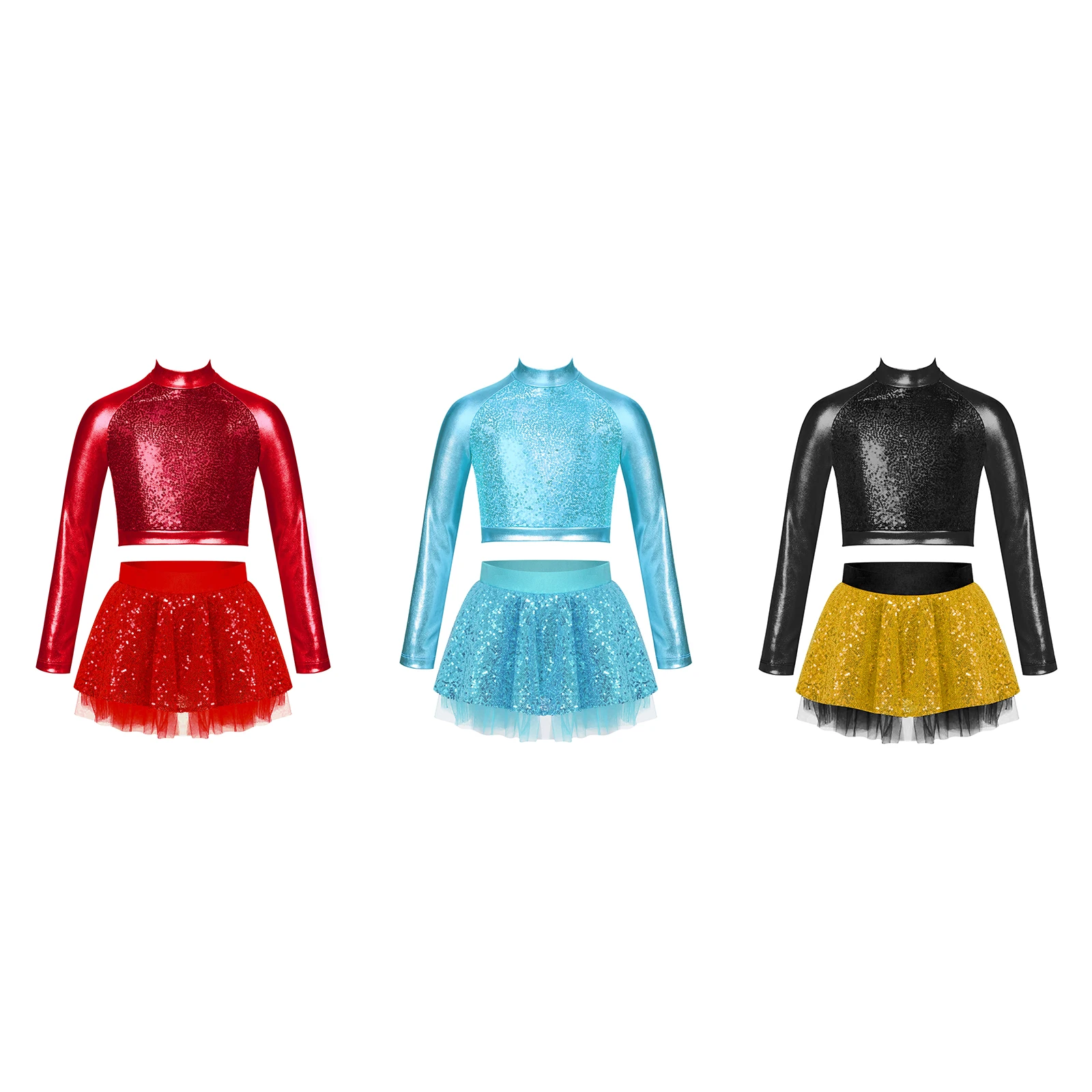 

Kids Girls Dance Outfit Long Sleeve Sequins Crop Top with Ruffled Layered Skirt Sets Street Dance Stage Performance Dancewear