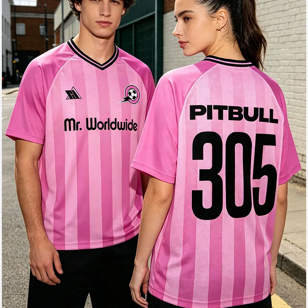 Pitbull Mr. Worldwide 305 Pink Jersey Football Tee Short Sleeve Loose Summer Unisex Streetwear Casual V-neck Men T-shirt Print
