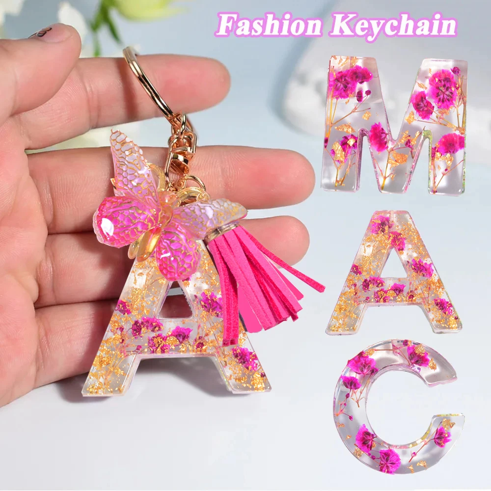 Glitter Dried Flower 26 Letter Pendant Keychain Rose Butterfly Initial Charms Keyrings Bag Ornaments Car Trinket Accessories