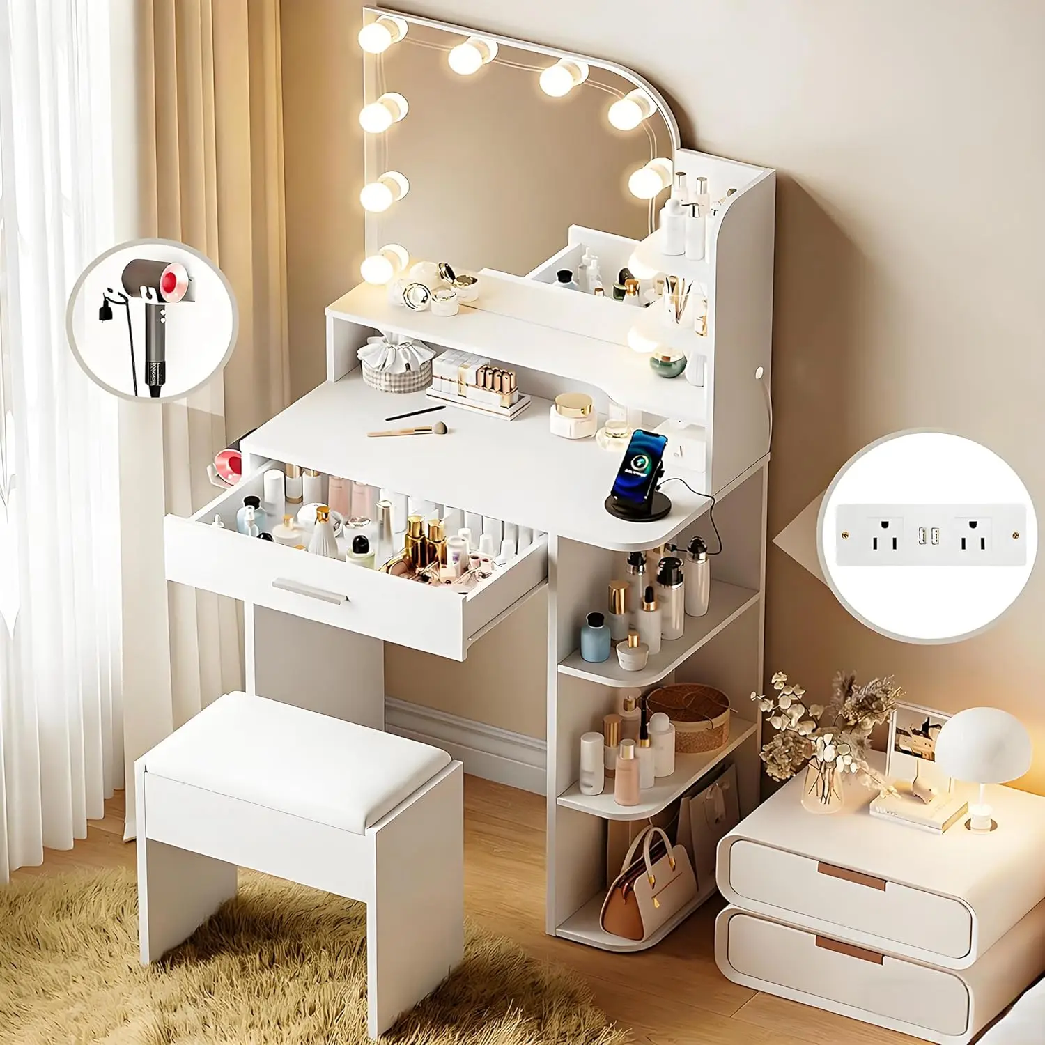 

Small Vanity Desk with Mirror Lights 3 Colors Power Outlet Compact Bedroom White Customized
