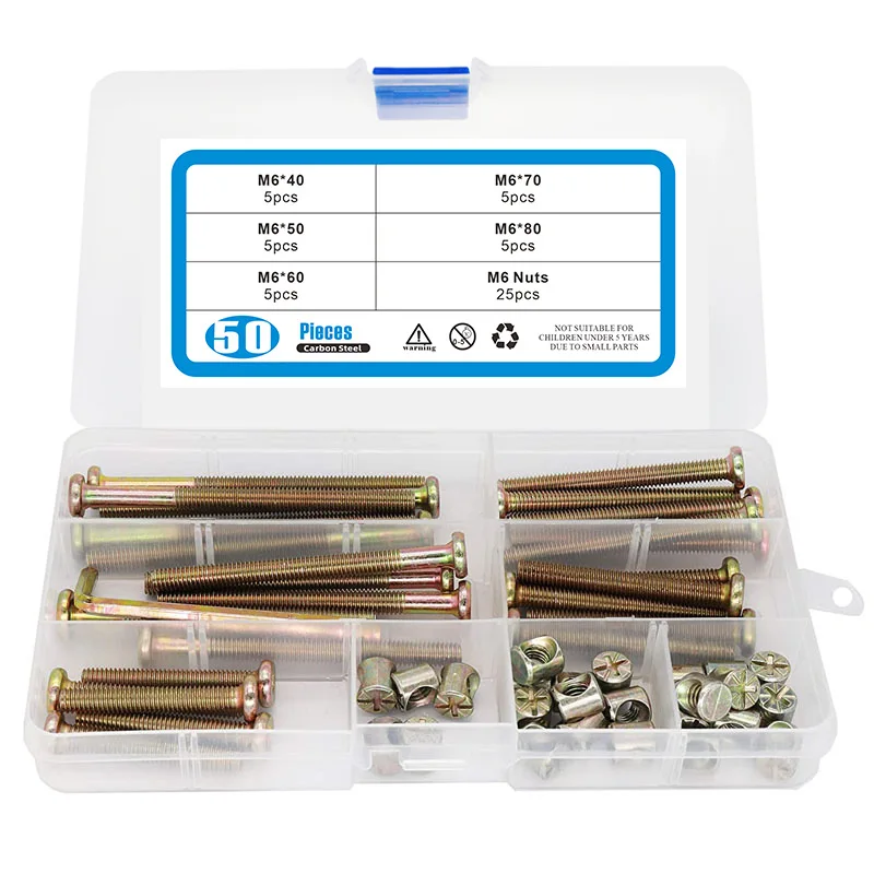 50PCS Furniture Bolts Phillips Nut Set Hex Socket Screws M6x40/50/60/70/80mm For Wood Bed Chair Desk Crib Chair Assortment Kit
