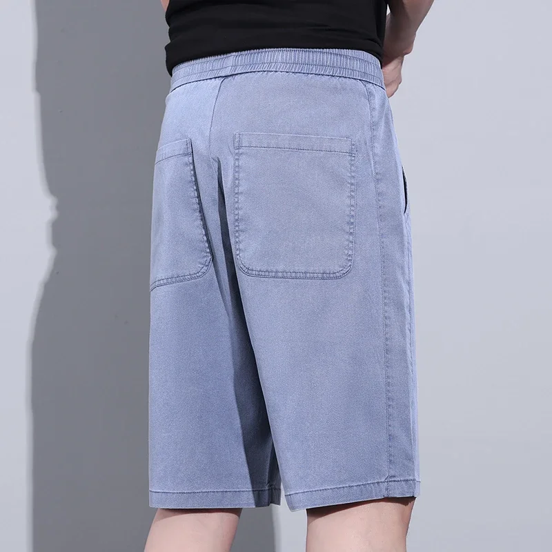 Soft Cosy Lyocell Thin Men\'s Denim Shorts Summer Clothes Loose Pants Drawstring Elastic Waist Korea Casual Short Plus Size M-5XL