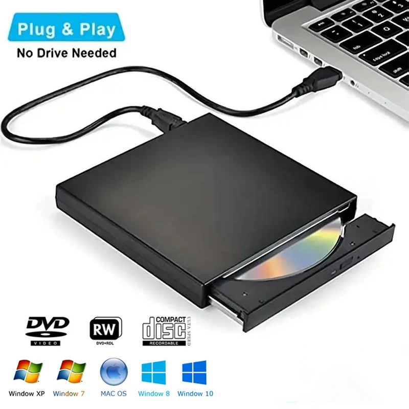 USB 2.0 External CD DVD Drive Usb Portable Fits for DVD-R DVD-RW Player Burner for Notebook PC Laptop Computer Windows 10/8/7