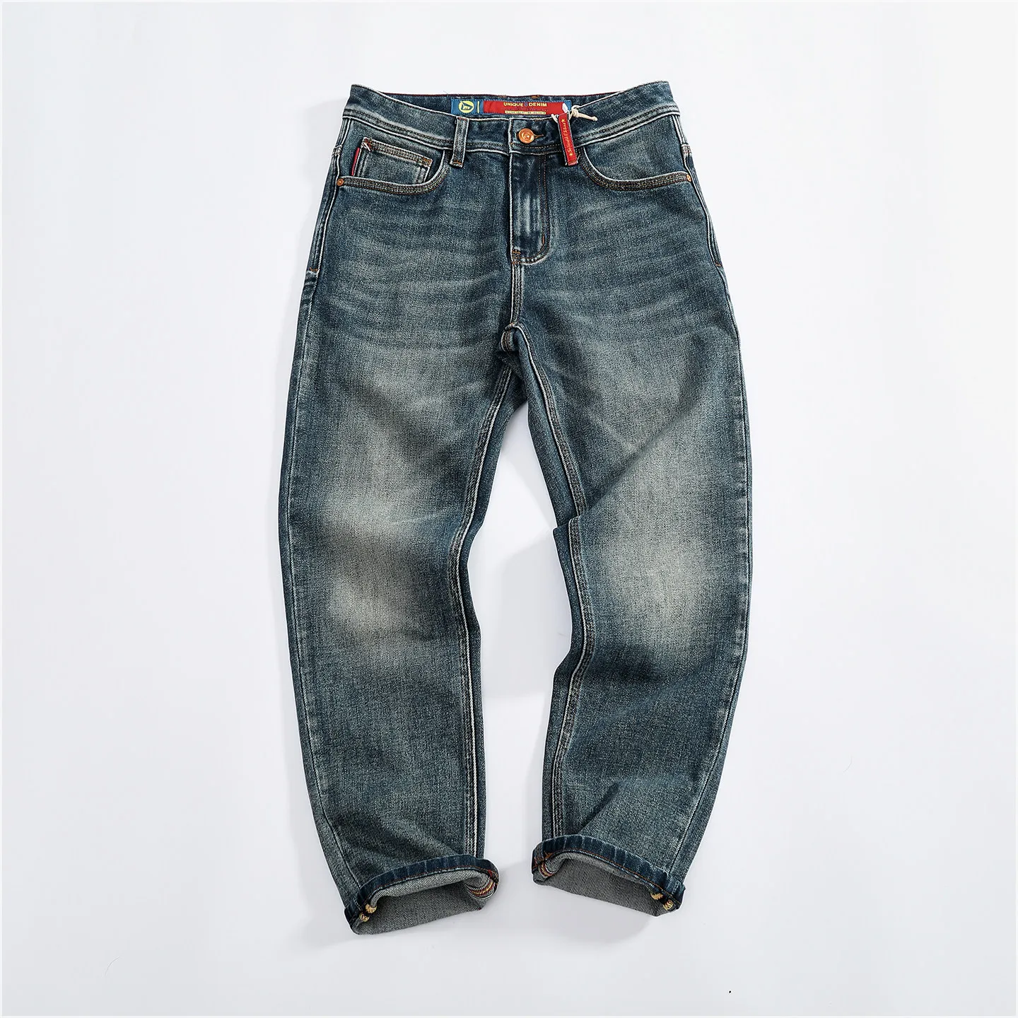 Men's heavyweight stretch jeans retro washed distressed SLIM slim straight pants daily commuting trousers
