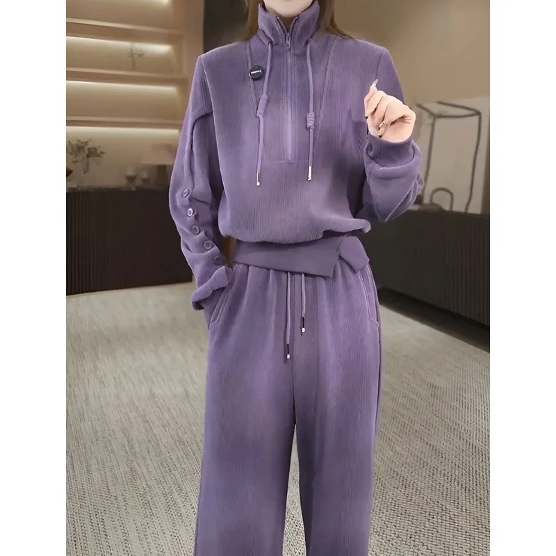 Conjunto de dos piezas de pantalones de pierna ancha de cintura alta para mujer, suéter con cuello levantado y media cremallera, color morado cálido, diseño a la moda