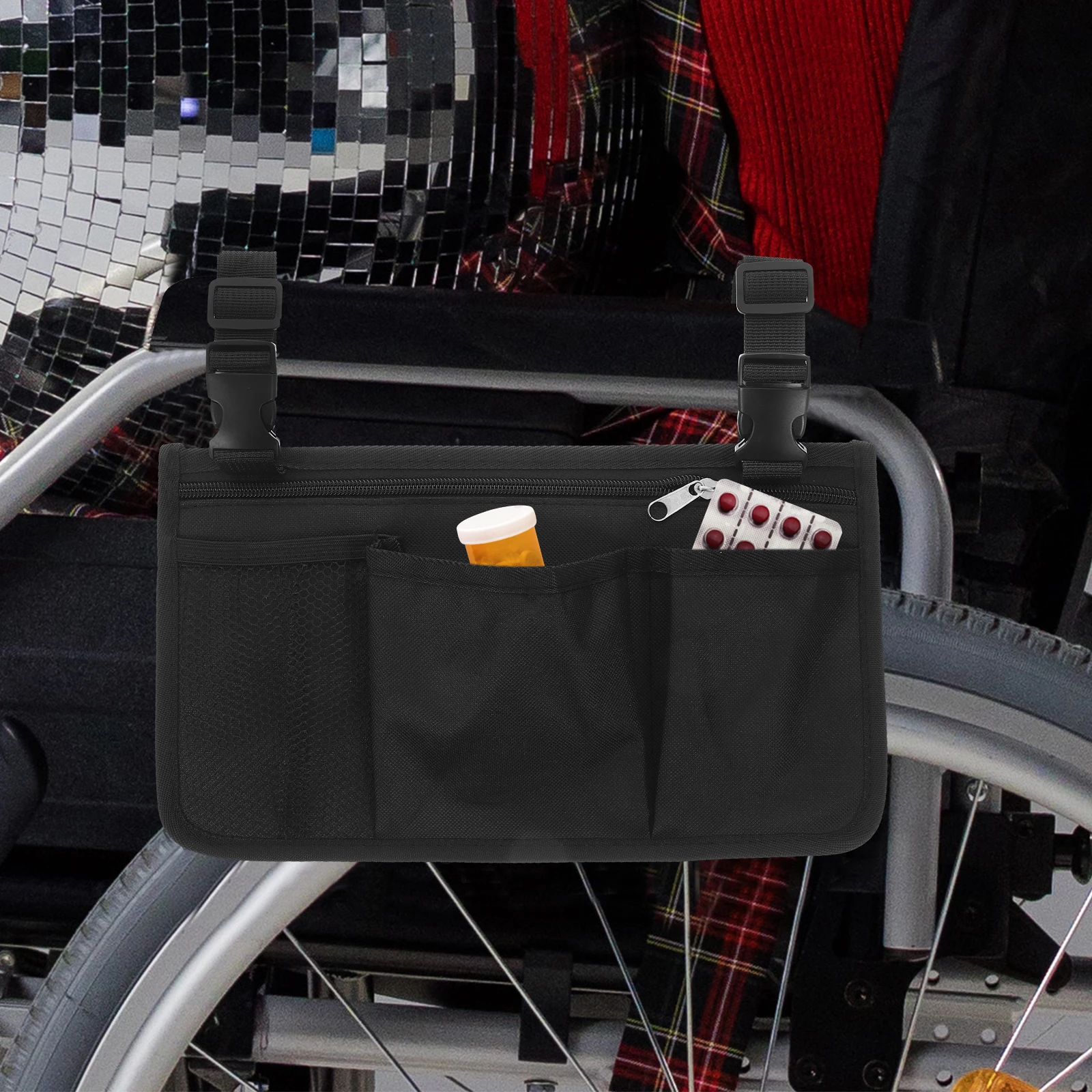 

Wheelchair Storage Bag Durable Lightweight Side Hanging Pouch Detachable Armrest Walker Accessories Seniors Black Travel Storage