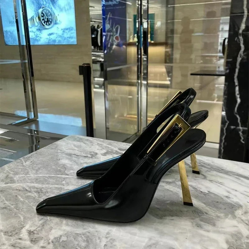 2024 European and American new sexy metal buckle patent leather Baotou women's shoes black night catwalk high heels Queen shoes