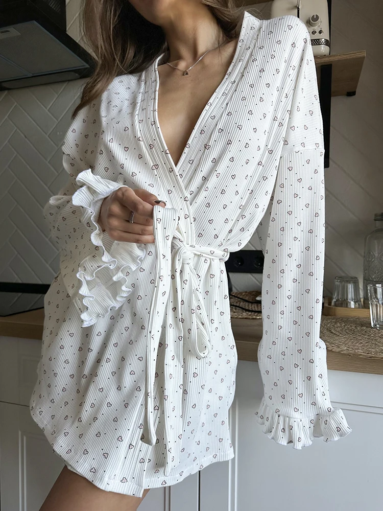 Linad Knitted Robes For Women Casual Long Sleeve Ruffle Sleepwear Sashes Print Bathrobe Female Autumn Fashion Woman Clothes