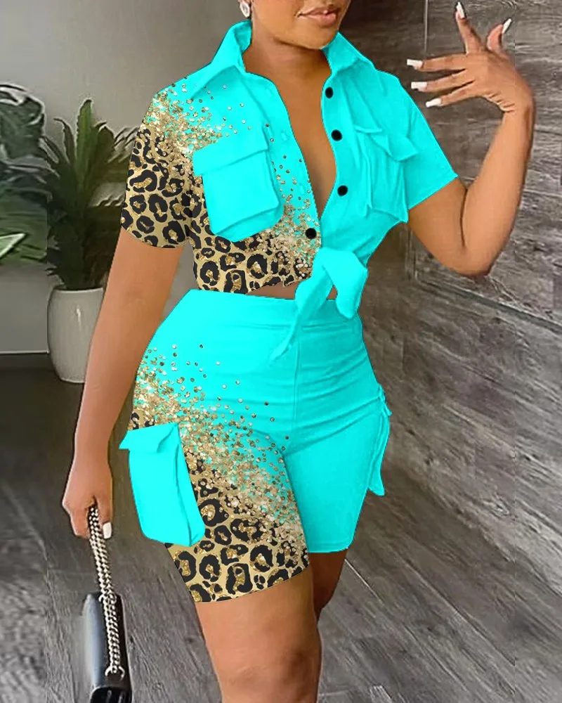 Casual Short Sleeve Shirt Shorts Set Office Lady Fashion Summer Leopard Print Turn Down Collar Two Piece Set Women Outfit 2023