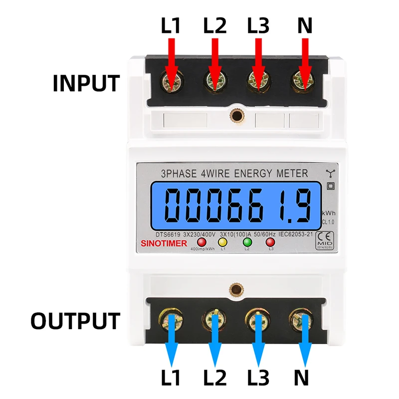 New Din Rail 3 Phase 4 Wire Electronic Watt Power Consumption Energy Meter Wattmeter kWh 100A 380V AC 50Hz LCD Backlight Display