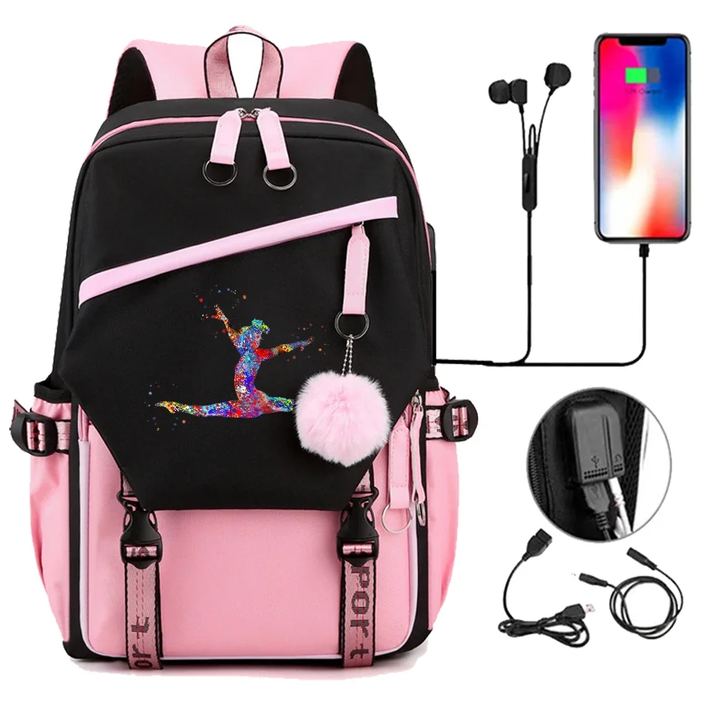 Mochila escolar para adolescentes, niñas, gimnasia, acuarela, gimnasia, mochila, mochila escolar con puerto USB, mochila negra y rosa